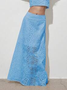 (1件) 復古花卉鏤空全刺繡A字裙，優雅知性裙子（不含背心上衣） - 藍色 - 查看 4