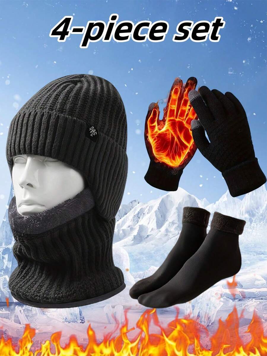 4pcs Winter Warm Set: Ear Warmer Hat, Thick Neck Gaiter, Touch Screen Gloves, Thick Socks, Suitable For Outdoor Sports And Gift Giving