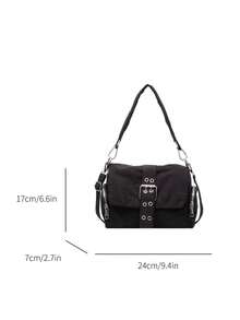 1 geantă de umăr din nailon negru de dimensiuni medii, cataramă metalică și fermoar decorativ, stil casual pentru uz zilnic