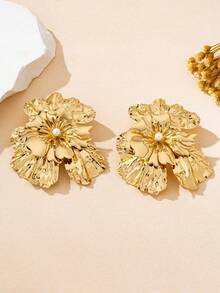1 对时尚优雅的金属金花珍珠吊坠耳环，适合女性日常、派对和节日装扮 - 金黃色 - 查看 2