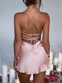 Women's Solid Color Satin Vintage Palace Style Dress, Spring/Summer - Pink - View 5