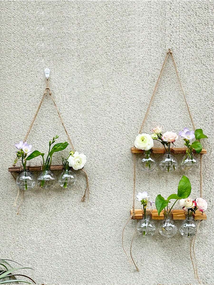 Probówka do roślin hydroponicznych, wiszący wazon na ścianę, wiszący stojak na kwiaty z drewnianej liny, innowacyjny dekoracyjny szklany pojemnik