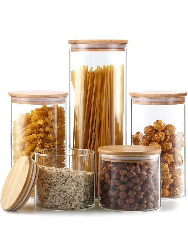1 pezzo Barattolo di vetro con coperchio in bambù, contenitore ermetico per la conservazione degli alimenti - per l'organizzazione della cucina/dispensa, adatto per pasta, farina, cereali, zucchero, alla modachi di caffè, foglie di tè