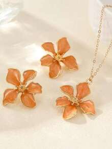 1 Necklace, 1 Pair Earrings, 4 Petals Colorful Enamel Pendant, Neurotransmitter Design Sweet And Fashionable Jewelry Set For Women, Suitable For Daily, Vacation, Party And Gift - Set - View 22