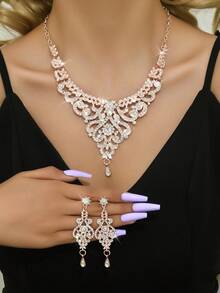 Juego de joyería de 3 piezas con adornos de strass en estilo europeo de lujo para mujeres, incluye aretes y collar clásicos, adecuado para bodas, fiestas y uso diario - 6587-Oro rosa - Ver 15