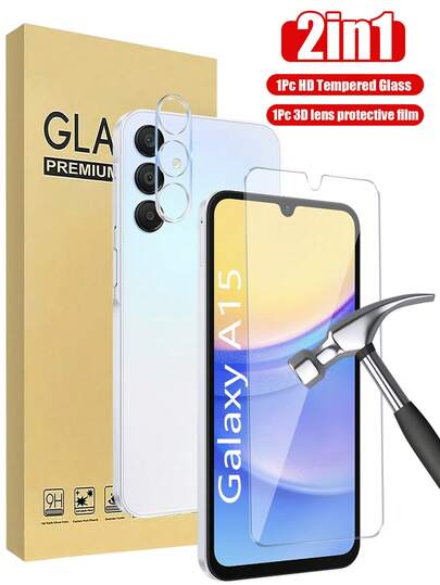 2-In-1 Tempered Glass Screen Protector For Galaxy A16 5G Galaxy A15 A16 A26 A36 A56 A55 A05S A24 A34 A14 A54,1pc Screen Protector + 1pc Camera Lens Protector, [9H Hardness] [Bubble Free] 99.99% High Definition Glass Film Screen Protection Essentials, Applicable To Daily Shield, Office, Home Phone Screen Protector Phone Accessories Waterproof Shockproof Anti-Fall Scratch Resistant