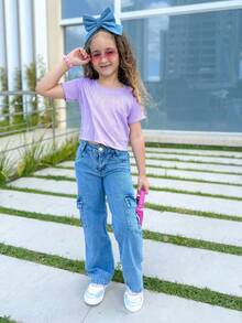 Wild Leg Jeans With Cargo Pockets For Kids And Teenagers, Fashion Bloggers - 淺色水洗藍 - 查看 1