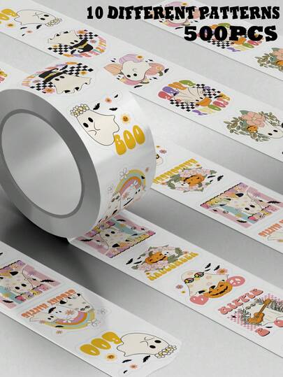 500pcs/Roll Hippie Halloween Stickers For Notebook, Laptop, Scrapbooking, Journal, Holiday Decoration, Candy Box, Water Cup, DIY