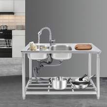 Fregadero de acero inoxidable de doble cubeta de 120 cm - grifo extraíble + encimera de almacenaje Capacidad de carga 100 kg (plata, acero inoxidable 201)