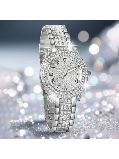 Horloge Set Elegante Quartz Jewelry Set, Round Watch, Rhinestone Necklace, Earrings, Ring, Bracelet Perfect Everyday Wear, Birthday s, Parties, Holiday Gatherings, As The Ideal Yourself Or Friends No Box view 6