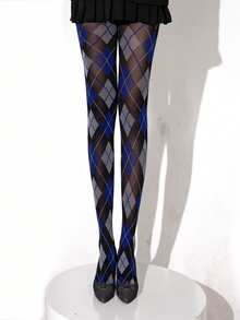 1 Meia-calça feminina sexy com estampa xadrez de losangos, meia-calça retrô da moda, confortável.