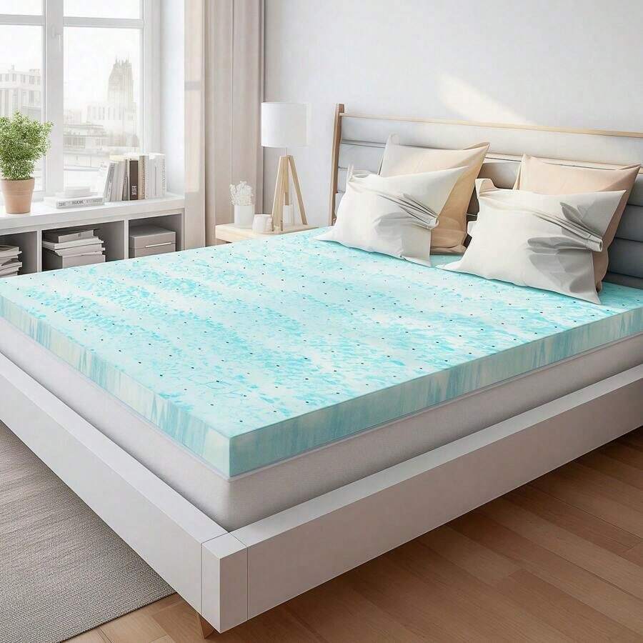Sweetcrispy Foam Mattress Topper 2 Inch Thick Gel Infused Cooling Toppers Bed Pad, CertiPUR US Certified, Ventilated And Breathable Sleeper Sofa - 藍白色 - 查看 1
