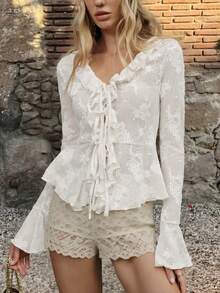 Women's New Style V Neck Long Trumpet Sleeve Ruffled Neckline And Hem Tie Stitching Cardigan, Translucent Mesh Jacquard Y2K Casual Fashionable Sexy Beach Top, Spring Summer Fall Winter