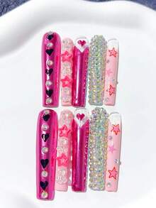 10pcs Y2K Handmade Extended Coffin-Shaped Pink Star & Cute Bear French Press-On Nail Stickers, Pink Star Pattern, Black Heart, Full Rhinestone Covered, Luxury Glitter; Nail Art Supplies, Acrylic Press-On Nail Stickers, DIY Nails, Nail Art, Acrylic Fake Nails; Suitable For Vacation, Birthday, Party, Daily Wear; Includes 1pc Nail Sticker Sheet And 1pc Mini Nail File - Pink - View 1
