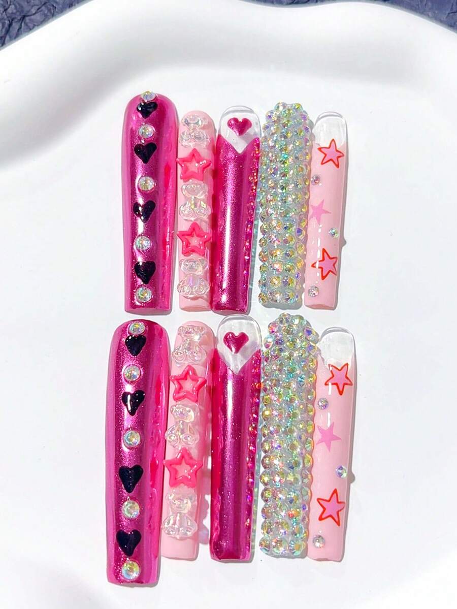 10pcs Y2K Handmade Extended Coffin-Shaped Pink Star & Cute Bear French Press-On Nail Stickers, Pink Star Pattern, Black Heart, Full Rhinestone Covered, Luxury Glitter; Nail Art Supplies, Acrylic Press-On Nail Stickers, DIY Nails, Nail Art, Acrylic Fake Nails; Suitable For Vacation, Birthday, Party, Daily Wear; Includes 1pc Nail Sticker Sheet And 1pc Mini Nail File - Pink - View 1