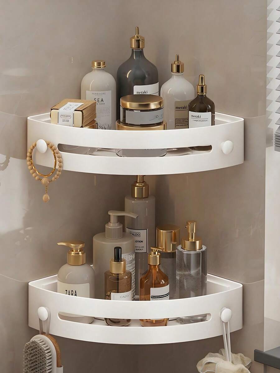 2/3 件装防锈塑料淋浴置物架 - 壁挂式浴室收纳架，弧形设计，可放置洗发水、化妆品和洗漱用品 - 节省空间，适合小型浴室，浴室收纳及配件 - 白色 - 查看 1