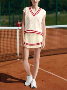 Fisoew Women Knit Vest And Skirt Set Retro Sporty Style Y2K Fashion Casual Outfit Matching Set - trắng và đỏ - Xem 3