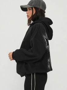 LOVE JOYY Fashionable Loose Fit Rhinestone Embellished Hoodie Sweatshirt For Women - Black - View 4