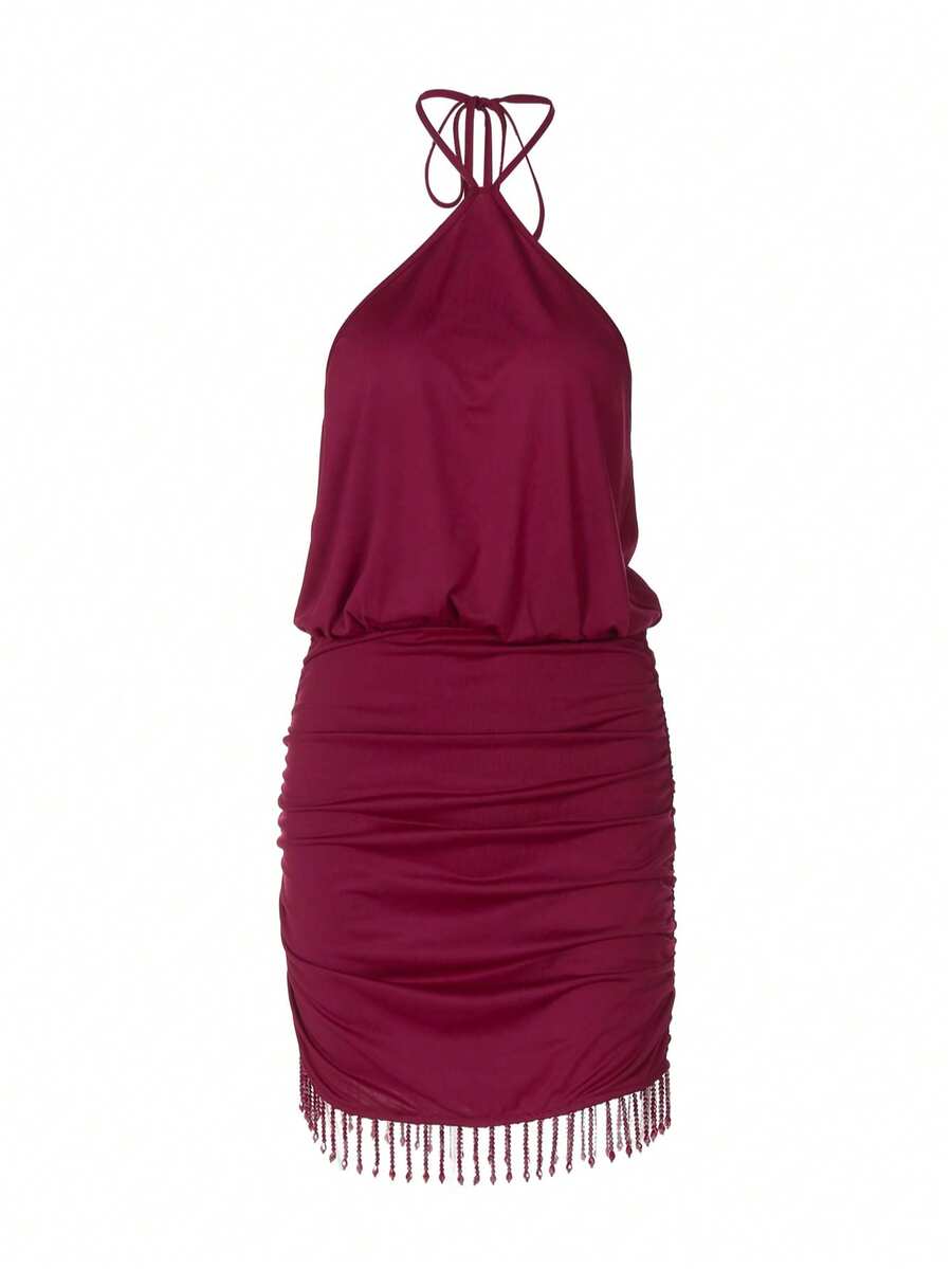 Women's Sexy Backless Fringe Strap Solid Color Vacation Party Clubwear Dress Summer Elegant - Burgundy - View 1