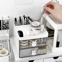 1pc White 2-Layer Drawer Desk Organizer With Pen Holder & Cute Rabbit Handle, Multi-Functional Storage Box For Stationery Or Cosmetics - Easter, Back To School Season Decor (Spring Classroom, Office, Back To School Essentials) Desk Office Supplies Office Accessories - Rectangle - View 7
