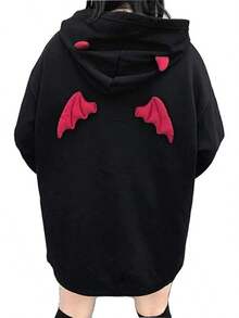 Womens Devil Wings Red Horn Sweatshirt Long Sleeve Hoodie Pullover Hooded Tops - màu đen - Xem 1