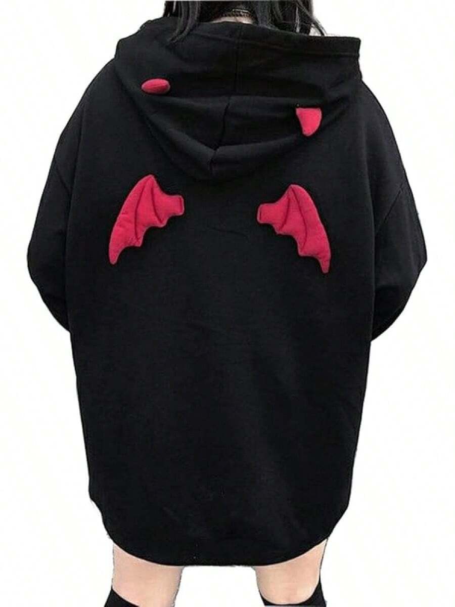 Womens Devil Wings Red Horn Sweatshirt Long Sleeve Hoodie Pullover Hooded Tops - màu đen - Xem 1