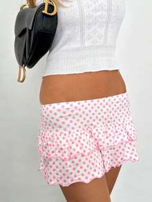 Women's Layered Pleated Mini Skirt, Summer Polka Dot/Stripe/Heart-Shaped Print/Solid Color High Waisted Short Skirt, Suitable For School Season - 亮粉紅色 - 查看 4