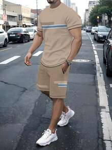2pcs/Set Men's Striped Casual Crew Neck Short Sleeve T-Shirt And Shorts, Suitable For Summer Outdoor Activities - Multicolor - View 1