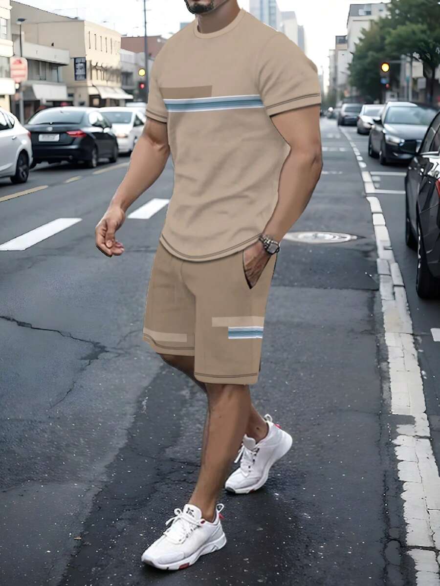 2pcs/Set Men's Striped Casual Crew Neck Short Sleeve T-Shirt And Shorts, Suitable For Summer Outdoor Activities - Multicolor - View 1