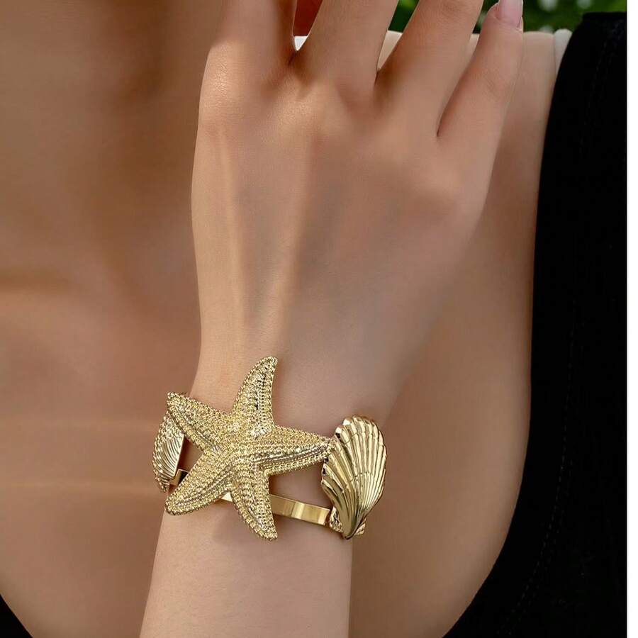 1 Set Summer Ocean Resort Style Starfish & Shell Bracelet & Ring Set, Suitable For Women Beach Vacation Wear