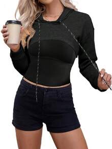 Women Crop Top Pullover Sweatshirt Long Sleeve Drawstring Hoodie - 黑色 - 查看 6