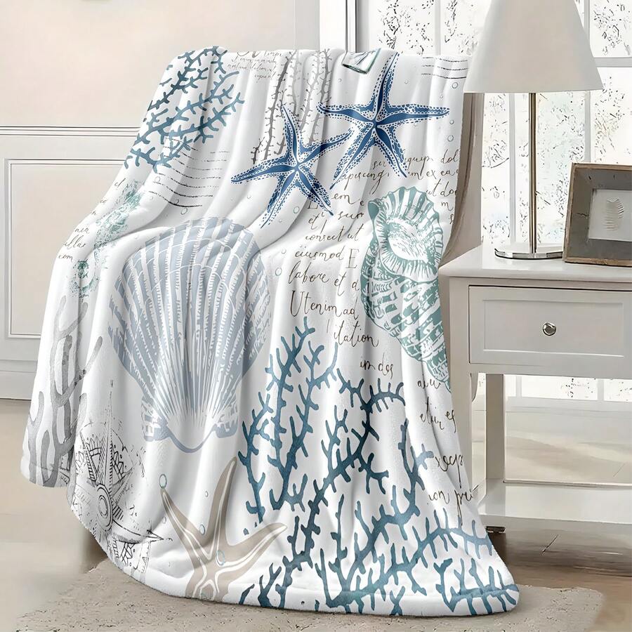 Flannel Throw Blanket With Ocean Theme Shell Coral Design, Soft Cozy Warm Comfortable Lightweight, Romantic Gift For Valentine's Day Anniversary Beach Vacation, Nautical Relaxing For Couples - màu hỗn hợp - Xem 1