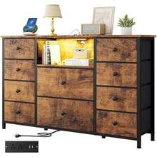 Comodas y Cajoneras,Comodas para Recamara con Estación de Carga y luces LED, Muebles para Recamara con 10 Cajones,Cómoda de Tela,Organizador de Almacenamiento de Cómoda Ancha 47.2''*11.8*31.5'' - Marrón - Ver 3