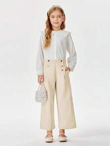 Girls Wide Leg Pants Kids Fashion Elastic Waist Front Button Trousers With Pockets 5-14 Years - Beige - View 4