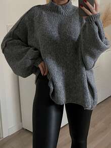 Women Casual Long Sleeve Fall Sweaters High Neck Solid Color Soft Ribbed Knitted Oversized Pullover Loose Fit Jumperih - Ash - View 6