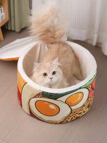 1 Stück vintage Katzen Bett Haus, Design einer Instantnudelverpackung, warmes atmungsaktives Katzen & Hunde Kennel Bett mit Kissen Halter, gemütliches Nest für Haustiere