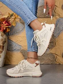 1 Pair Sporty Thick-Sole Air Cushion Lace-Up High-Top Breathable Running Shoes, Casual Sneakers - Khaki - View 3