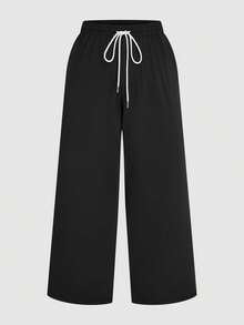 Plus Size Women Slim Fit Drawstring Pants, Elegant Trousers - Black - View 1
