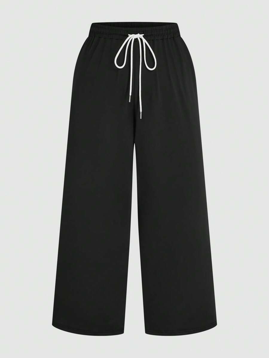 Plus Size Women Slim Fit Drawstring Pants, Elegant Trousers - Black - View 1