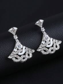 1 Pair Luxury Jewelry Style Copper Inlaid Cubic Zirconia Fan-Shaped Long Pendant Earrings, Matching Wedding Gown, Evening Dress, Wedding, Party Jewelry