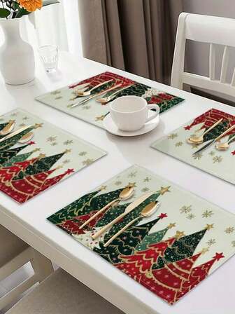 4pcs/2pcs/1pc Christmas Tree Printed Placemats, 11.81*17.72 Inches Washable Kitchen Table Decoration Placemats, Suitable For Christmas Decor, Christmas Gifts, Christmas Table Decoration Items, Living Room, Dining Room, Bedroom And Room Decoration