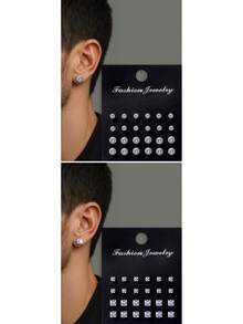 24-48pcs/Set Simple Punk Geometric Round, Square, Heart, Triangle, Five-Pointed Star Zirconia Earrings Suitable For Men, Suitable For Gorgeous Parties, Festivals, Vacations, Music Events, Couples, Gatherings, Dates, Gifts, Casual Wear