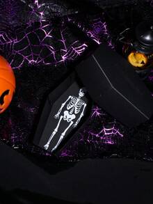 5pcs Halloween Skeleton Coffin Favor Box With Lid, Black Cardboard Gift Box For 5pcs Party Favors, Spooky Skeleton Print Packaging, Creepy Haunted House Supplies, Unique Gothic Party Decoration Box For Halloween Night, Small Present Holder With Fun Design, Scary Skeleton Style Decorative Box For Festival Events