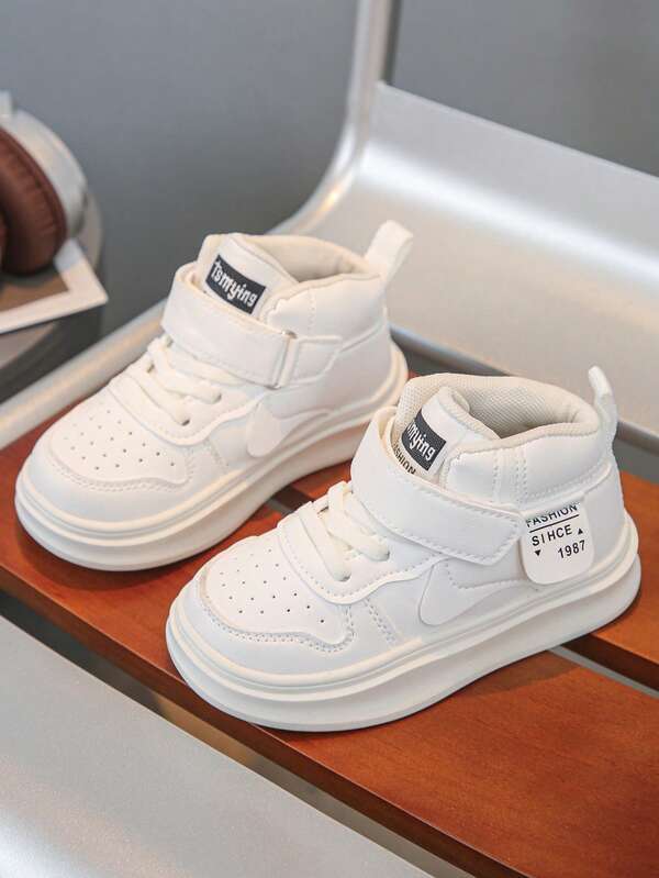 1 Pair Kids Letter Print Solid Color PU Style Durable Hook And Loop Non-Slip Mid-Top Casual Shoes, Suitable For Spring And Autumn