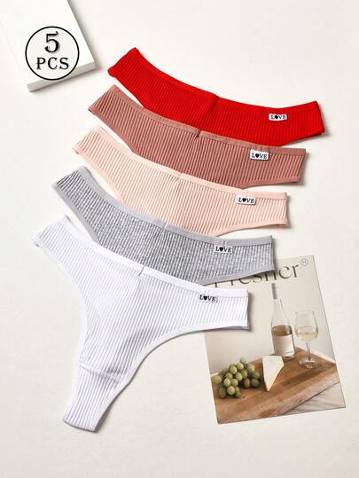 5Pcs Women Thongs Cute Panties Sexy Knickers Ribbed Underpants Soft G-String V Waist Underwear Casual Panty Lingerie
