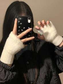 1/2雙女款針織半指觸控手套，保暖內裡，秋冬保暖時尚護手套 - 彩色 - 查看 4