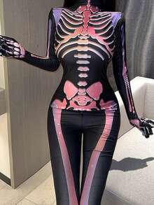 1 件女式性感骷髅服装紧身衣，适合万圣节派对、直播、角色扮演