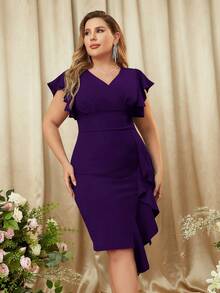 Plus V Neck Flounce Sleeve Contrast Ruffle Hem Evening Party Bodycon Dress - 紫色 - 查看 5