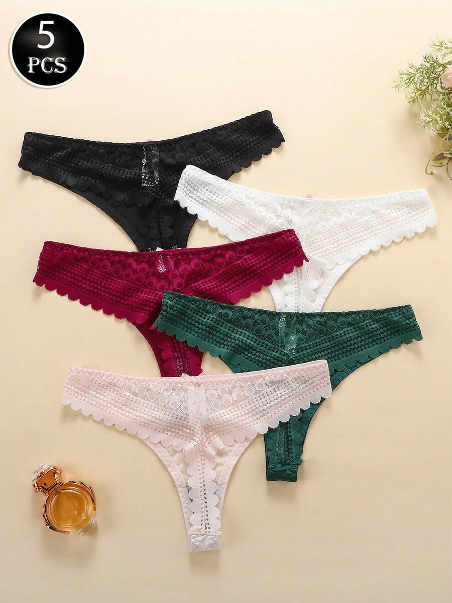 5 Pieces Of Sexy Lace Women's Underwear Mesh Transparent Perspective Thong Temptation T-Pants Seamless One-Piece T-Pants - 彩色 - 查看 1