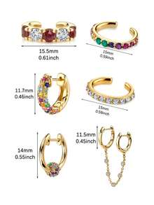 6Pcs Gold Plated Cubic Zirconia Hoop Earrings For Women Colorful Zirconia Dangle Earrings Set Fashion Party Jewelry Accessories